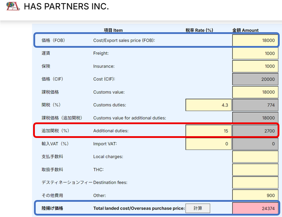 陸揚げコスト計算の具体例(15%)